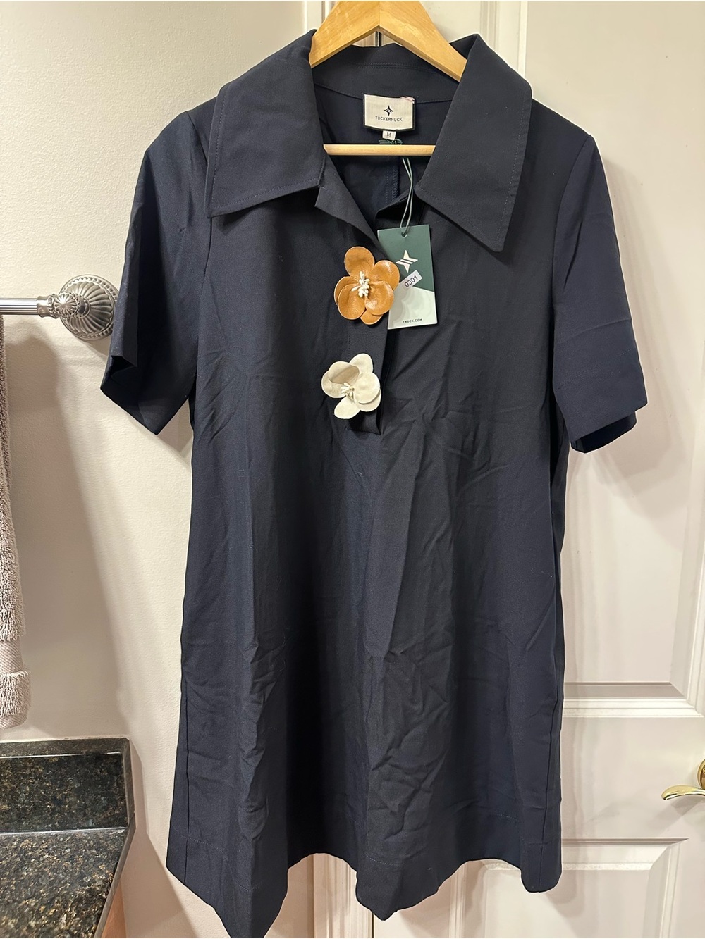 NWT Tuckernuck Navy Short-Sleeve A-Line Dress with 3D Florals